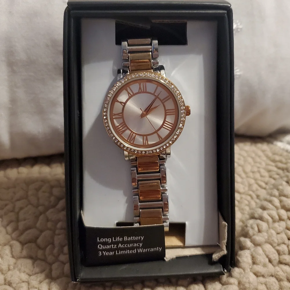 5 for $25 | NIB Two-Tone Plated Glitz/Pave Stone Casual Watch - Picture 1 of 10